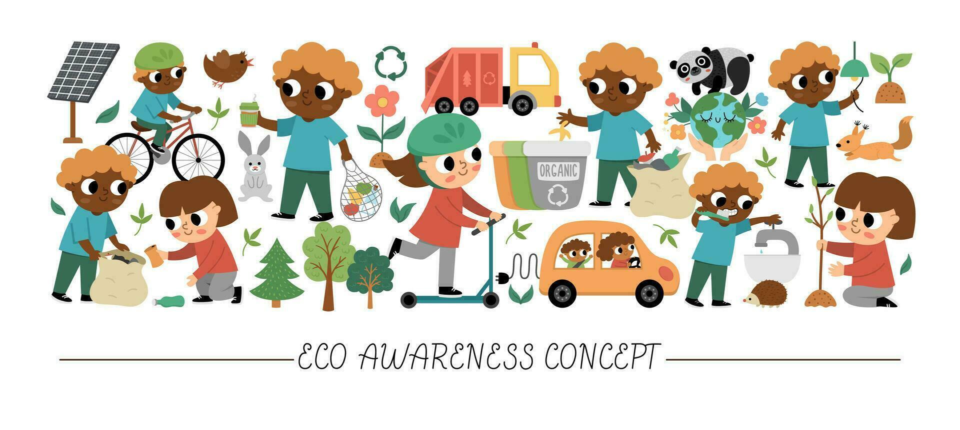 Vector ecological horizontal set with cute children caring of nature. Earth day card template for banners, invitations. Cute environment friendly illustration with planet, waste recycling concept