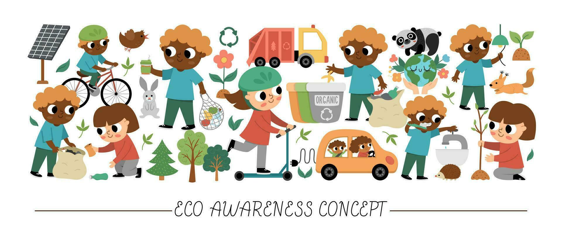 vector ecológico horizontal conjunto con linda niños cuidando de naturaleza. tierra día tarjeta modelo para pancartas, invitaciones linda ambiente simpático ilustración con planeta, residuos reciclaje concepto