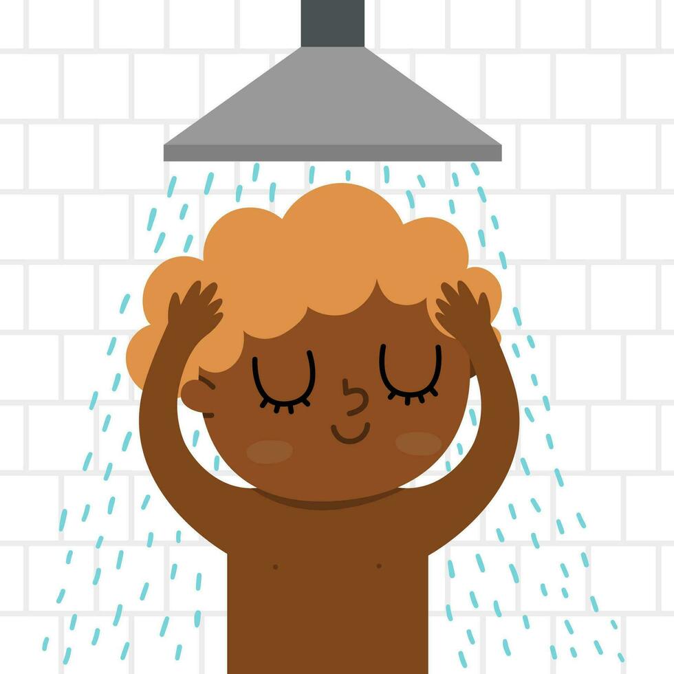 Boy taking a shower icon. Cute washing kid. Child doing daily routine. Morning ritual or healthy lifestyle concept vector