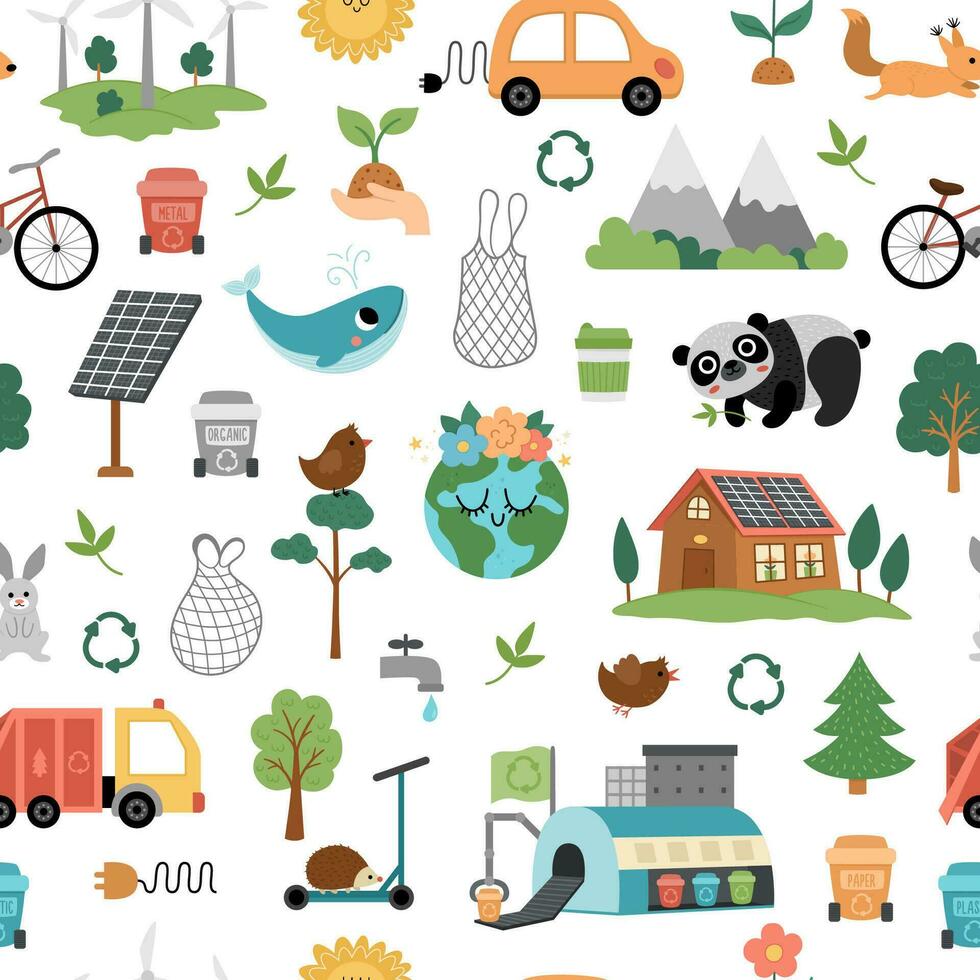 Vector ecological seamless pattern for kids. Earth day repeat background with cute children, planet, waste recycling concept. Environment friendly digital paper  with alternative energy