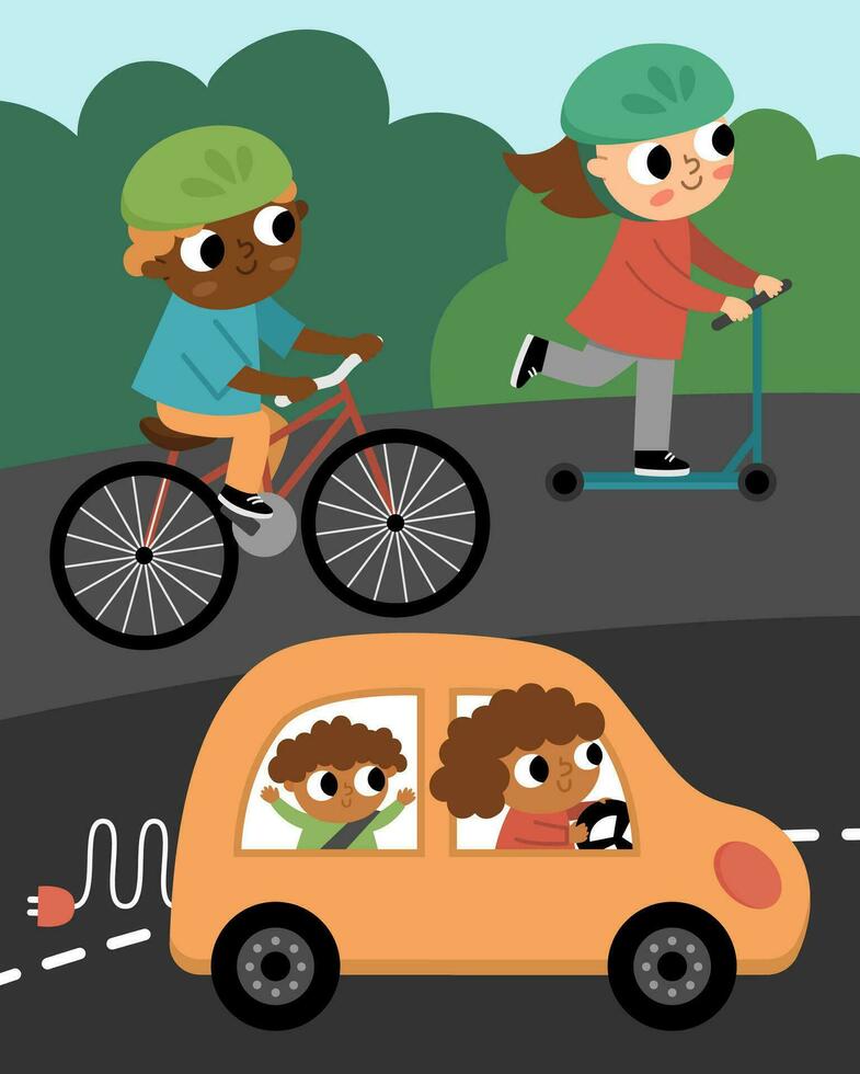 Vector scene with alternative transport. Eco awareness landscape with road, electro car, kids on bike and scooter. Earth day or nature protection illustration with ecological transportation