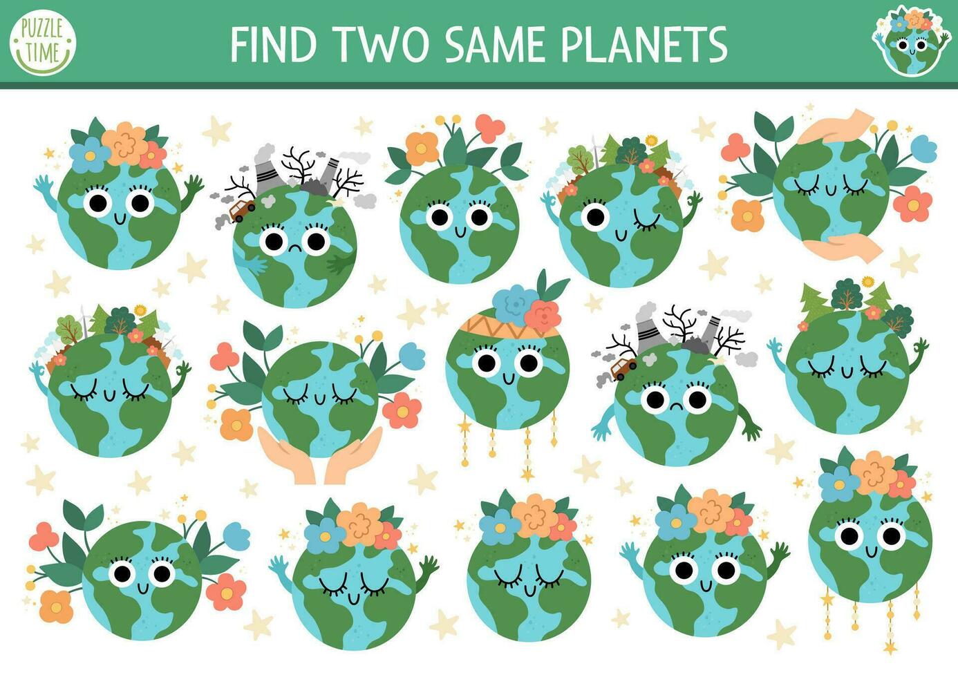 Find two same planets. Ecological matching activity for children. Eco awareness educational quiz worksheet for kids for attention skills. Earth day simple printable game vector