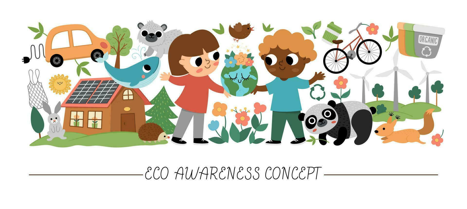 Vector ecological horizontal set with cute children caring of nature. Earth day card template for banners, invitations. Cute environment friendly illustration with planet, waste recycling concept