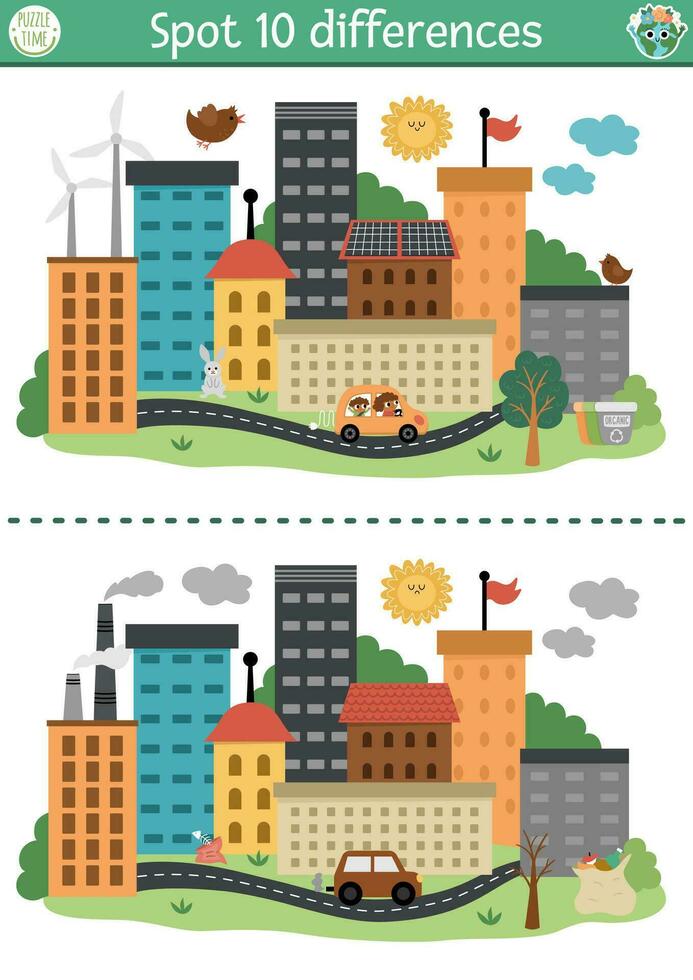 Find differences game for children with opposites. Ecological educational activity with cute eco and polluted city versions. Earth day puzzle for kids. Eco awareness printable worksheet, page vector