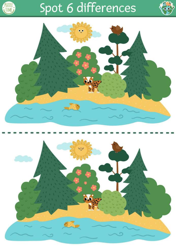 Find differences game for children. Ecological educational activity with cute nature forest scene, leopard. Earth day puzzle for kids. Eco awareness printable worksheet with endangered animal vector