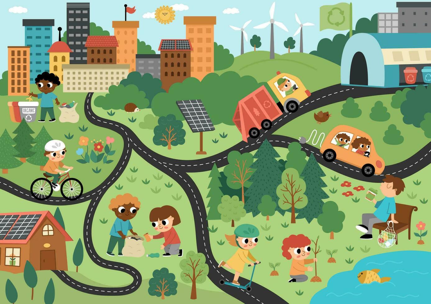 vector eco ciudad escena. ecológico pueblo paisaje con alternativa transporte, energía concepto. verde ciudad ilustración con residuos reciclaje planta, niños cuidando de ambiente. tierra día imagen