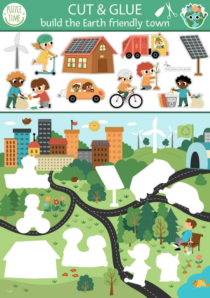 Vector ecological cut and glue activity. Crafting game with earth friendly town. Fun printable worksheet for children. Find the right piece of the puzzle. Earth day complete the picture page