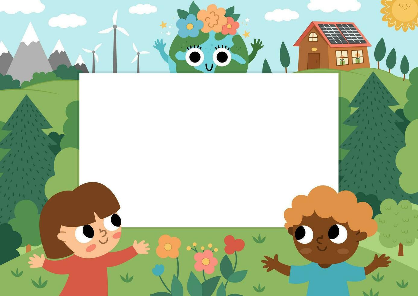 Vector eco life scene with cute kids. Horizontal card template with ecological landscape. Green city illustration with forest, children, plants. Earth day or nature protection banner