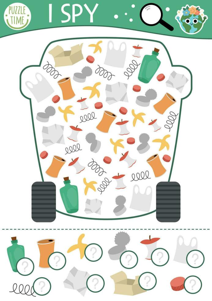 Ecological I spy game for kids. Searching and counting activity with garbage and rubbish bin. Earth day printable worksheet for preschool children. Simple zero waste or sorting spotting puzzle vector