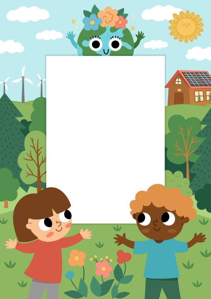 Vector eco life scene with cute kids. Vertical card template with ecological landscape. Green city illustration with forest, children, plants. Earth day or nature protection banner