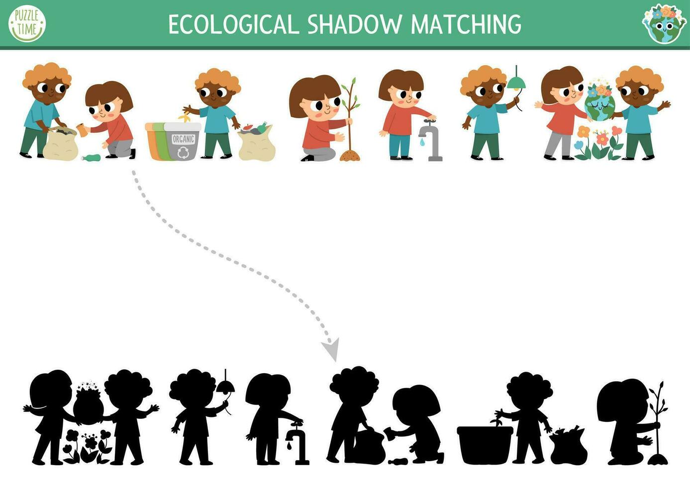 ecológico sombra pareo actividad con niños cuidando de ambiente. tierra día rompecabezas. encontrar correcto silueta imprimible hoja de cálculo o juego. eco conciencia página para niños vector