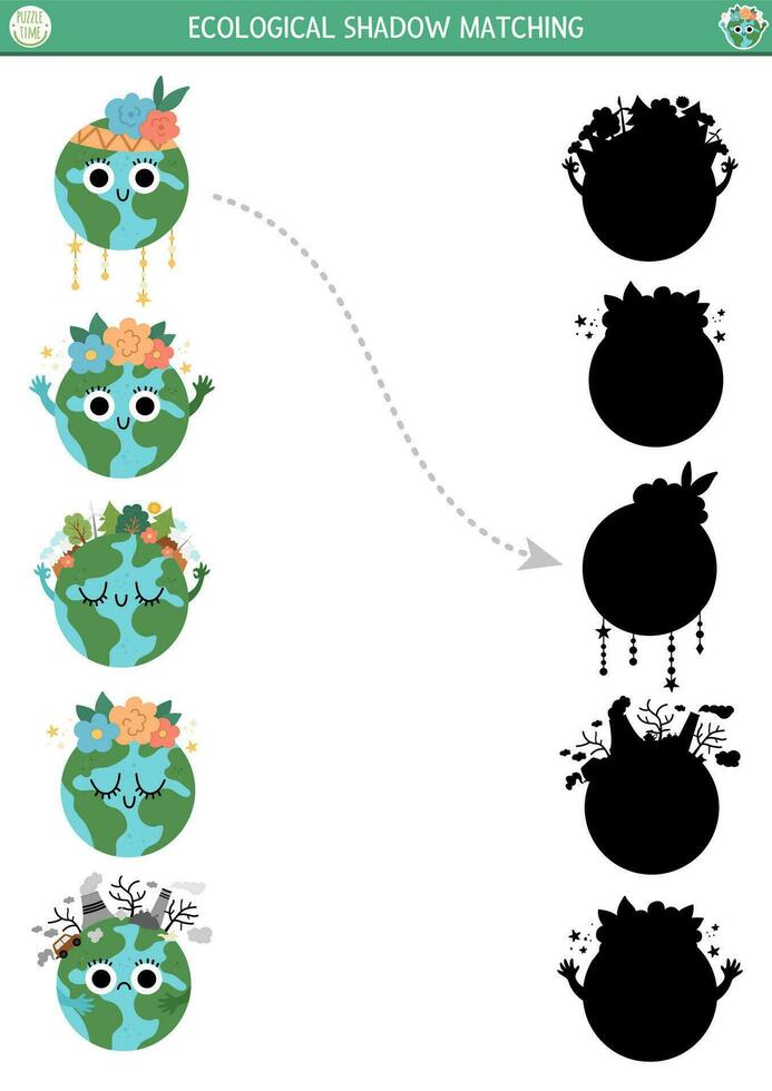 Ecological shadow matching activity with cute planets. Earth day puzzle. Find correct silhouette printable worksheet or game. Eco awareness page for kids with world protection concept vector