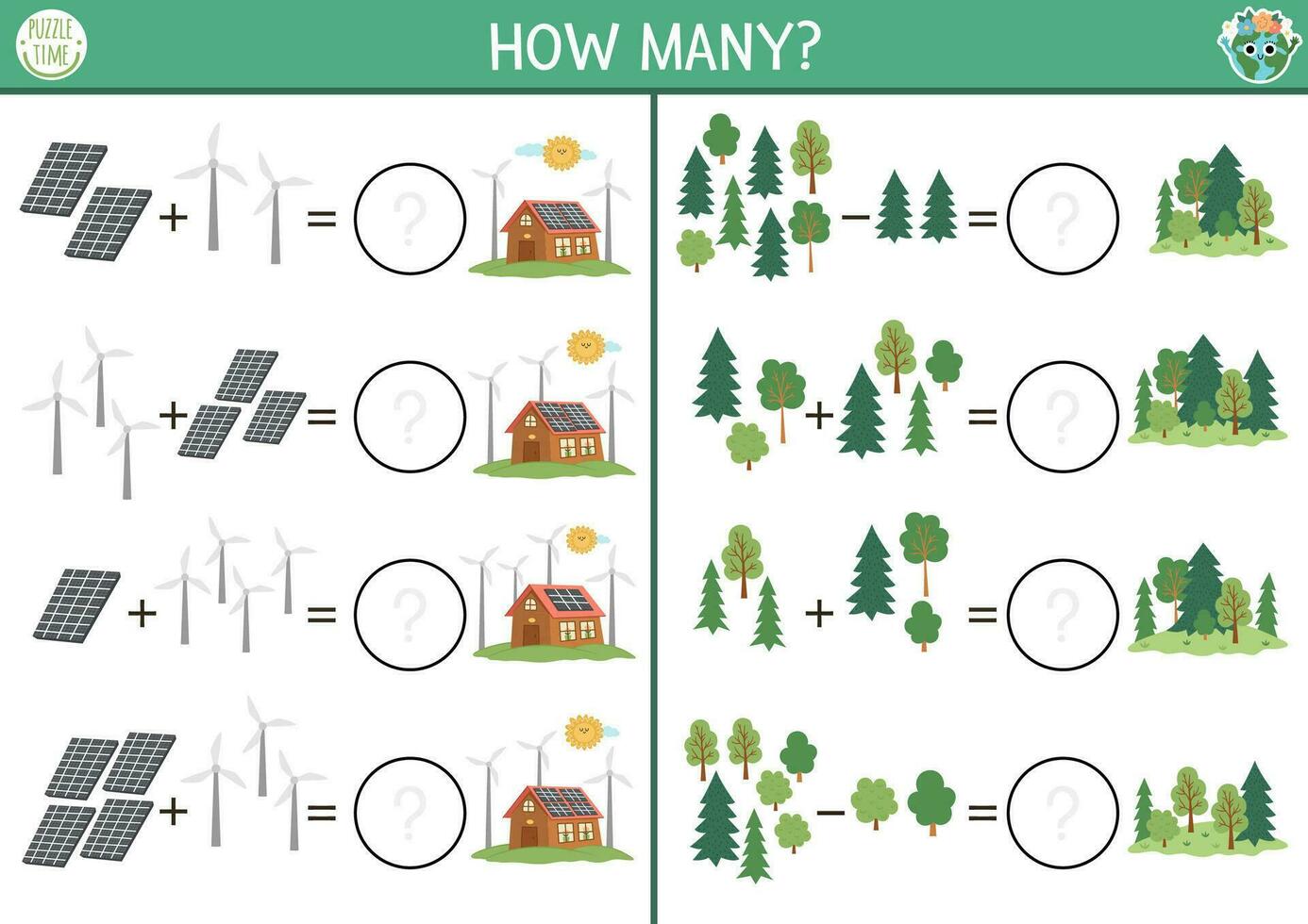 How many trees, wind turbines and solar panels game. Ecological house math addition activity for preschool children. Simple eco earth day printable counting worksheet for kids vector