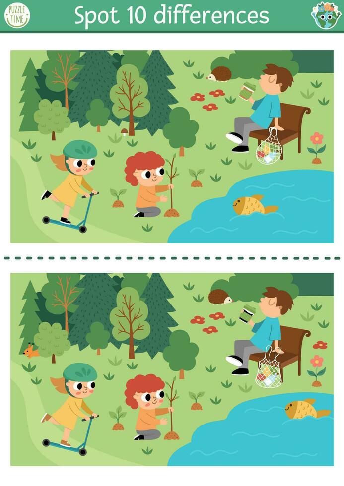 Find differences game for children. Ecological educational activity with cute nature forest scene, kids caring of environment. Earth day puzzle. Eco awareness printable worksheet vector