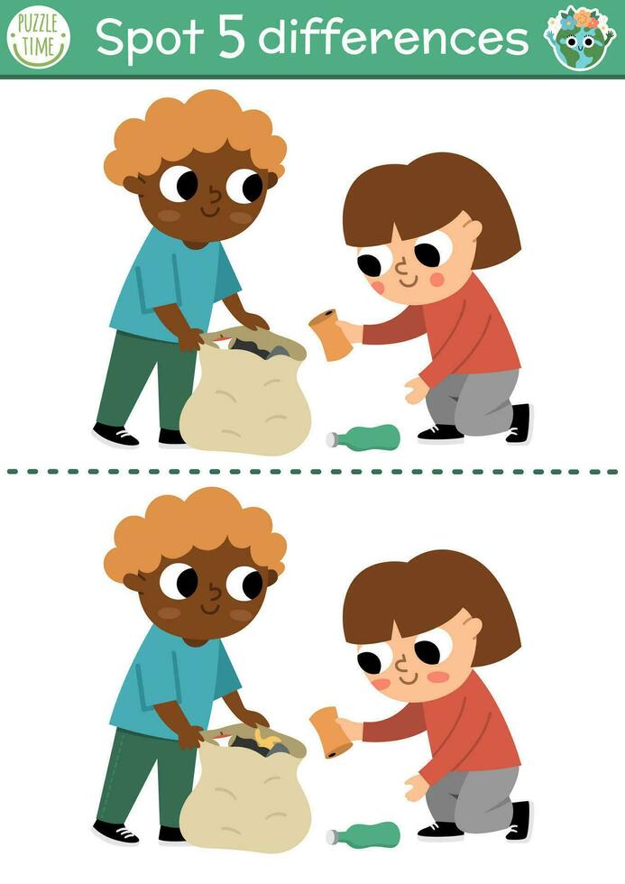 Find differences game. Ecological educational activity with cute children collecting rubbish. Earth day puzzle for kids with funny character. Eco awareness or zero waste printable worksheet or page vector