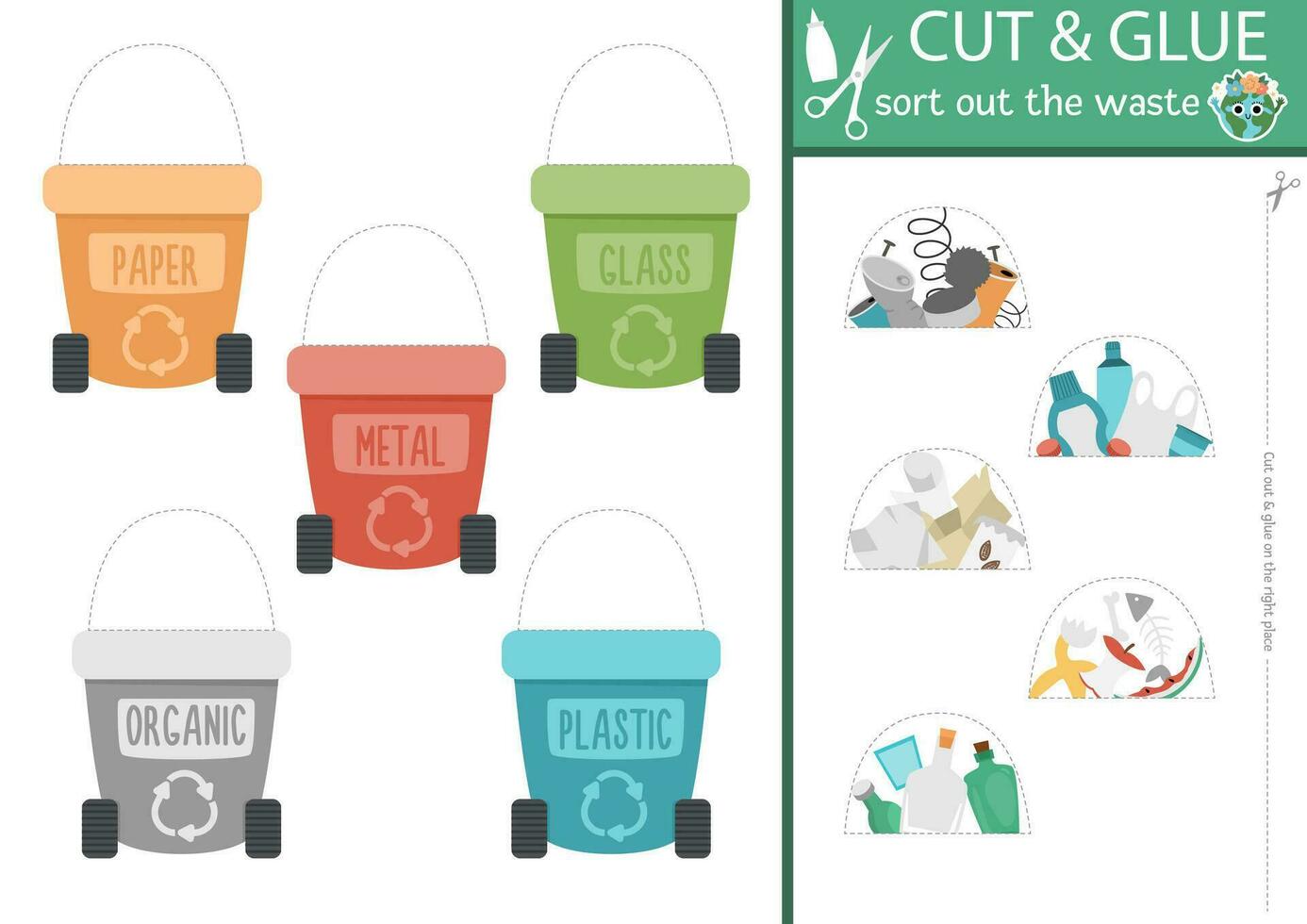 Vector ecological cut and glue activity. Crafting game with rubbish containers. Fun printable worksheet for children. Find the right piece of the puzzle. Complete the picture zero waste page