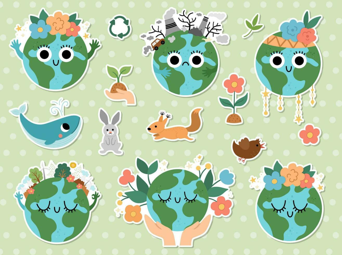 Vector earth stickers set for kids. Earth day patches collection with cute kawaii smiling planets. Environment friendly badge icons with globe and forest, pollution or flowers on top