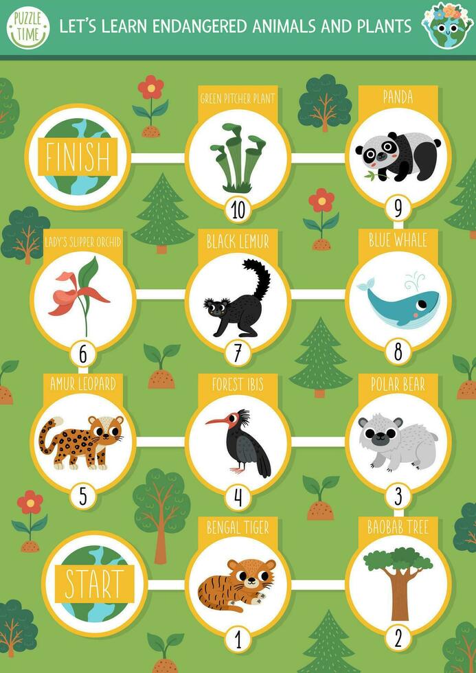 Ecological dice board game for children with endangered animals and plants. Earth day boardgame. Printable activity or worksheet with disappearing species. Eco awareness activity vector