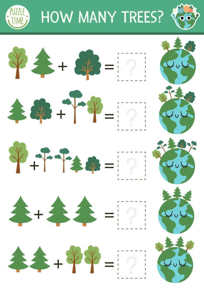 cómo muchos arboles juego con linda planeta. ecológico matemáticas adición actividad para preescolar niños. sencillo eco tierra día imprimible contando hoja de cálculo para niños con plantas y tierra vector