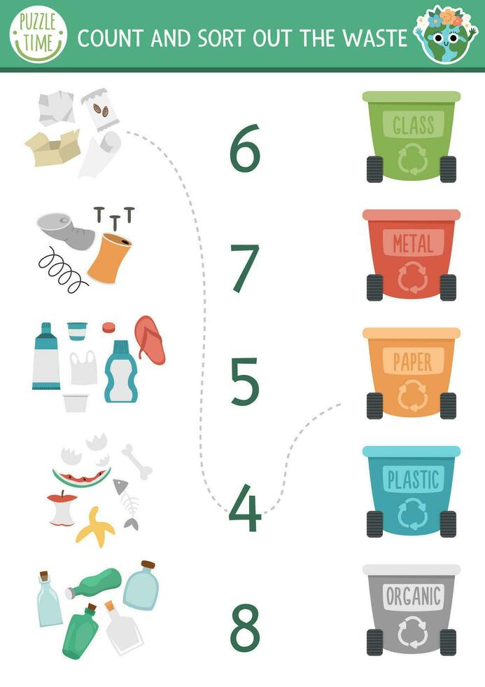 Match the numbers ecological game with garbage, rubbish bins. Zero