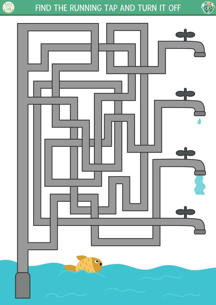 Ecological maze for children with water saving concept. Earth day preschool activity with running tap. Eco awareness labyrinth game with water pipes, faucets, fish vector