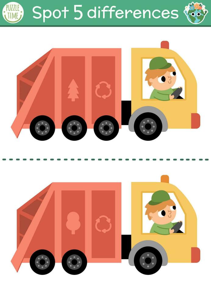 Find differences game for children. Ecological educational activity with cute rubbish truck. Earth day puzzle for kids. Eco awareness or zero waste printable worksheet with waste car vector