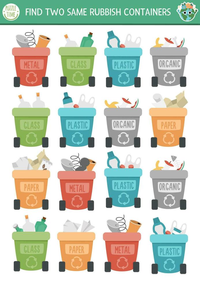 Find two same rubbish containers. Ecological matching activity for children. Eco awareness educational quiz worksheet for kids for attention skills. Zero waste simple printable game vector