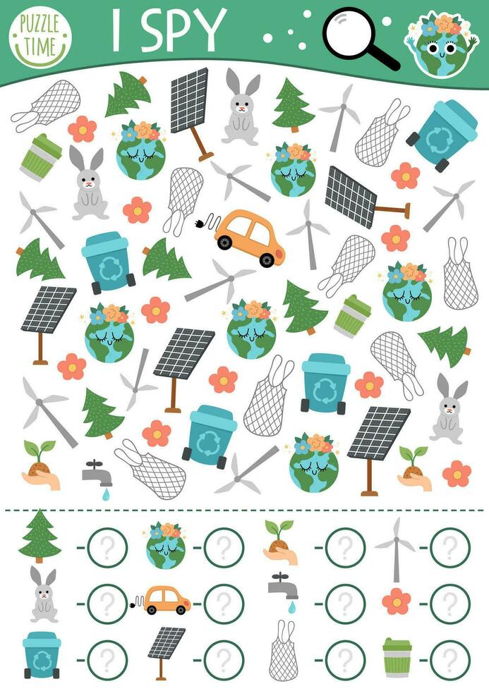 Ecological I spy game for kids. Searching and counting activity with solar panel, wind turbine. Earth day printable worksheet for preschool children. Simple eco awareness spotting puzzle vector