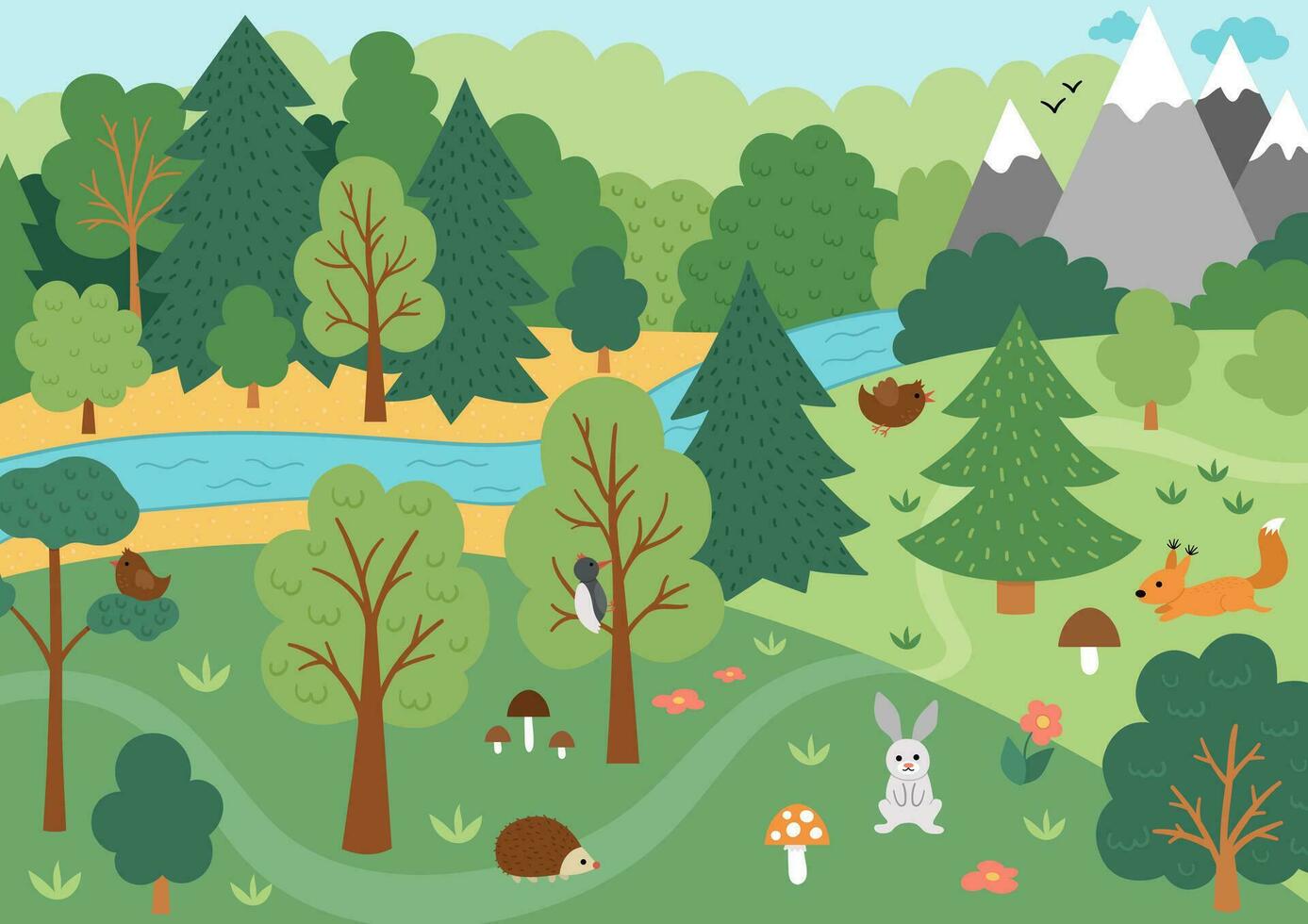 Vector wild forest scene with trees, mountains, animals, birds. Spring or summer woodland scenery with flowers, plants, mushrooms. Wild nature landscape illustration or background.