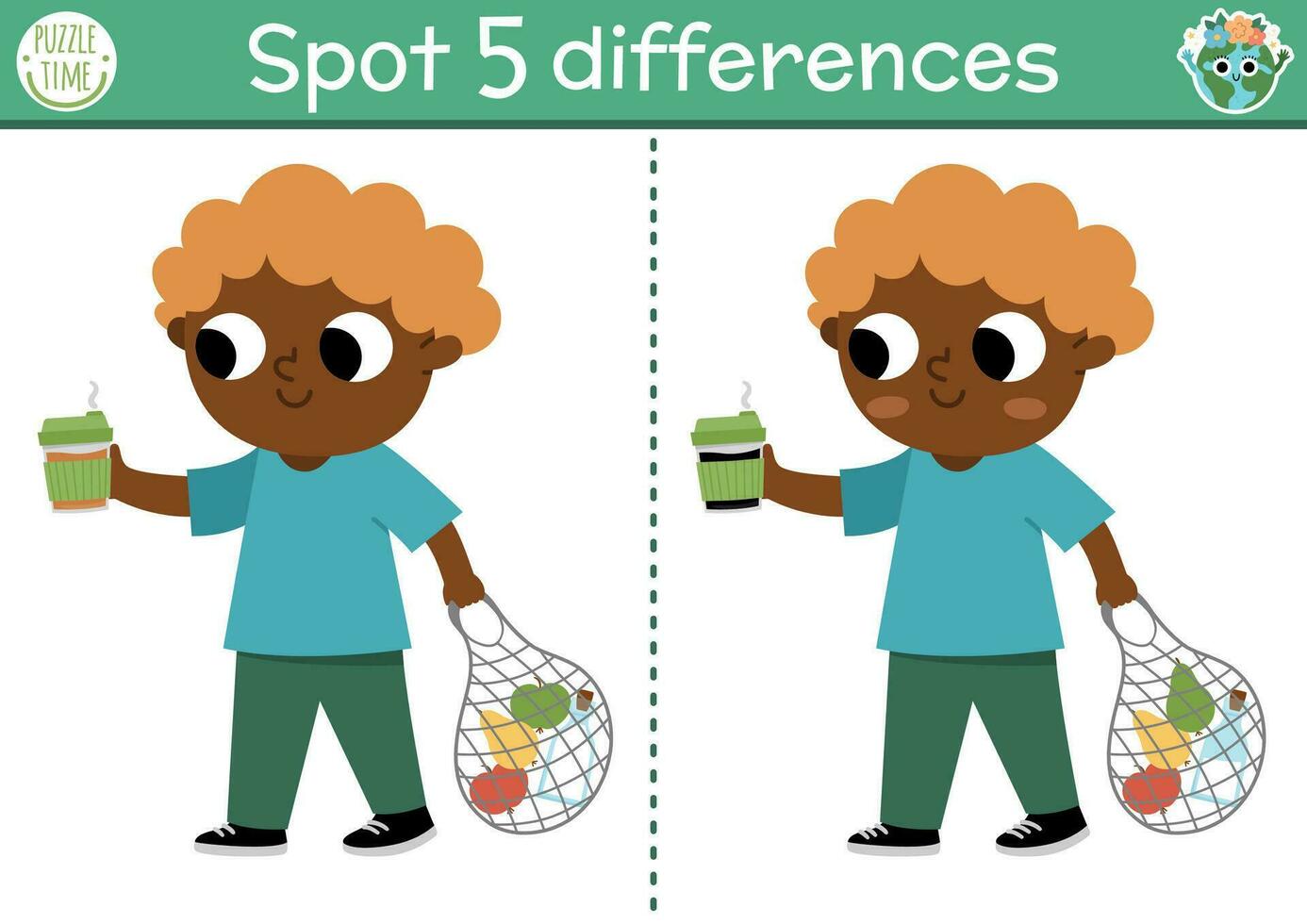 Find differences game. Ecological educational activity with cute boy with reusable cup and bag. Earth day puzzle for kids. Eco awareness or zero waste printable worksheet, page vector