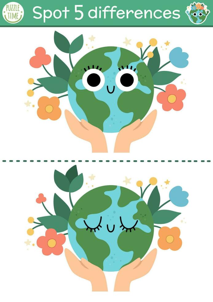 Find differences game for children. Ecological educational activity with cute planet in hands. Earth day puzzle for kids with funny character. Eco awareness, zero waste printable worksheet or page vector