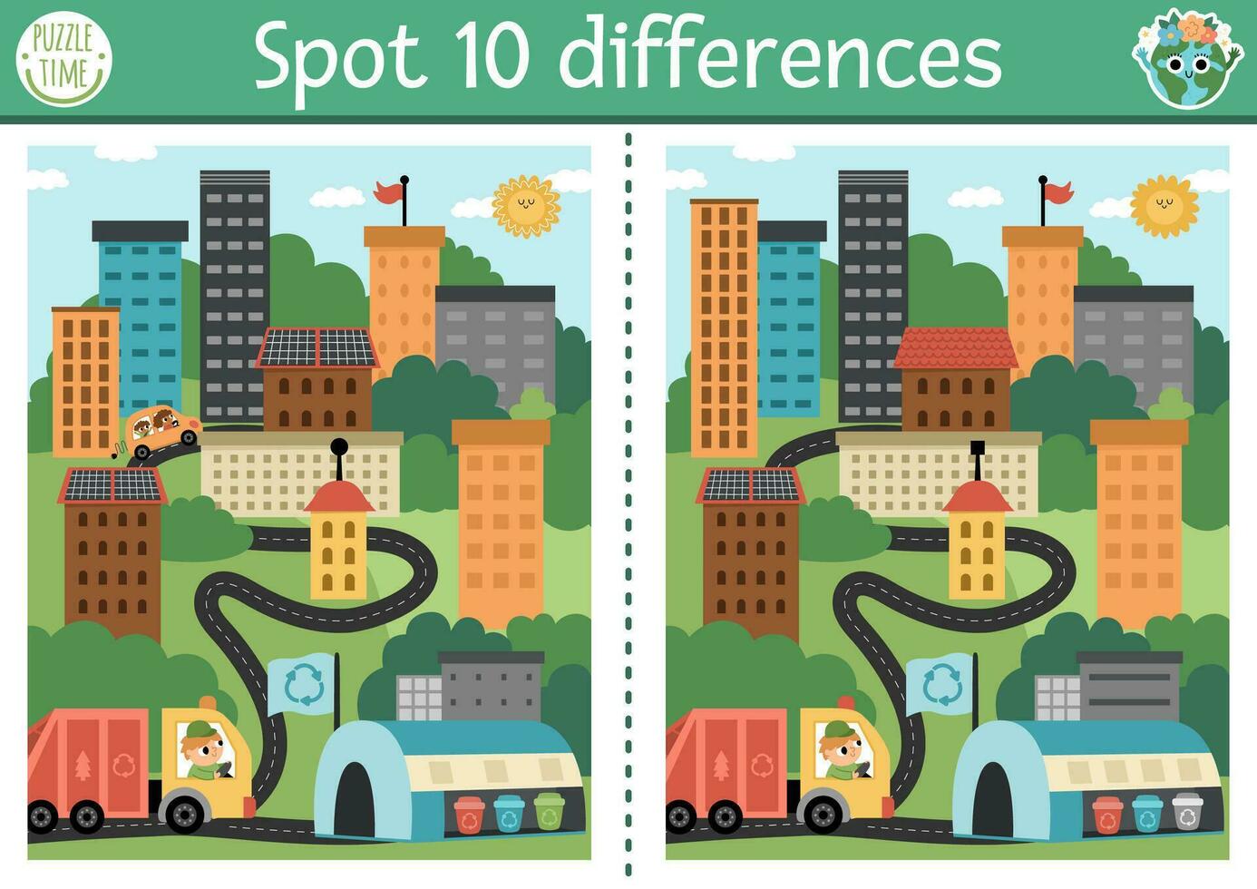 Find differences game for children with opposites. Ecological educational activity with cute eco city. Earth day puzzle for kids. Eco awareness or zero waste printable worksheet, page vector