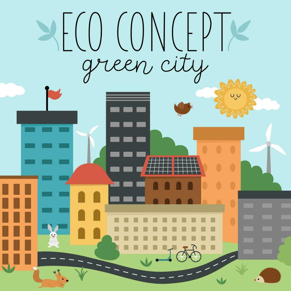 Vector eco city scene. Ecological town landscape with alternative transport, energy concept. Green city illustration with buildings, animals, plants. Earth day or nature protection picture