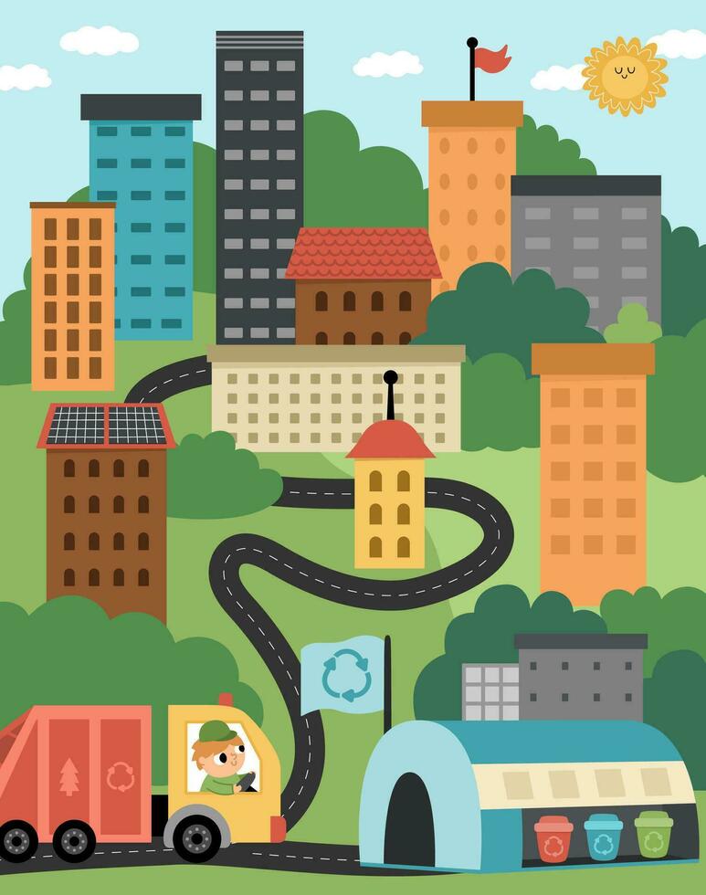 Vector eco city scene. Ecological town landscape with zero waste concept. Green city illustration with buildings, rubbish truck, waste recycling plant. Earth day or nature protection picture