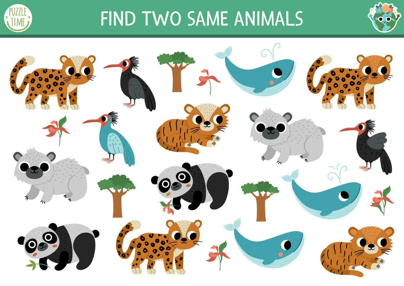 Find two same endangered animals. Ecological matching activity for children. Eco awareness educational quiz worksheet for kids for attention skills. Simple printable game vector