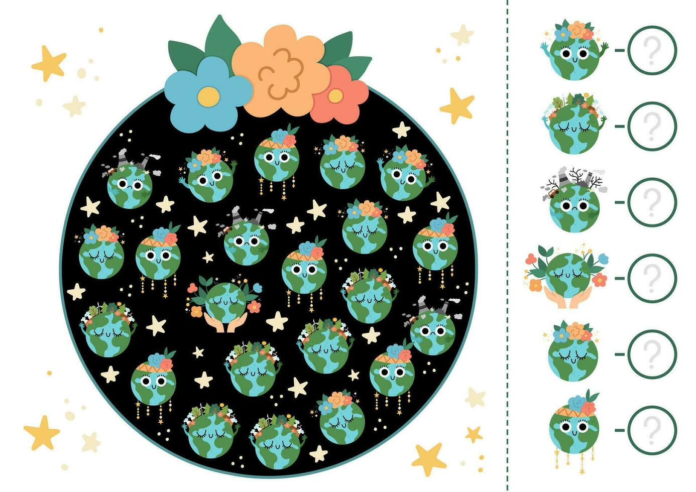 Ecological I spy game for kids. Searching and counting activity with cute planets. Earth day printable worksheet for preschool children. Simple eco awareness spotting puzzle shaped as a planet vector