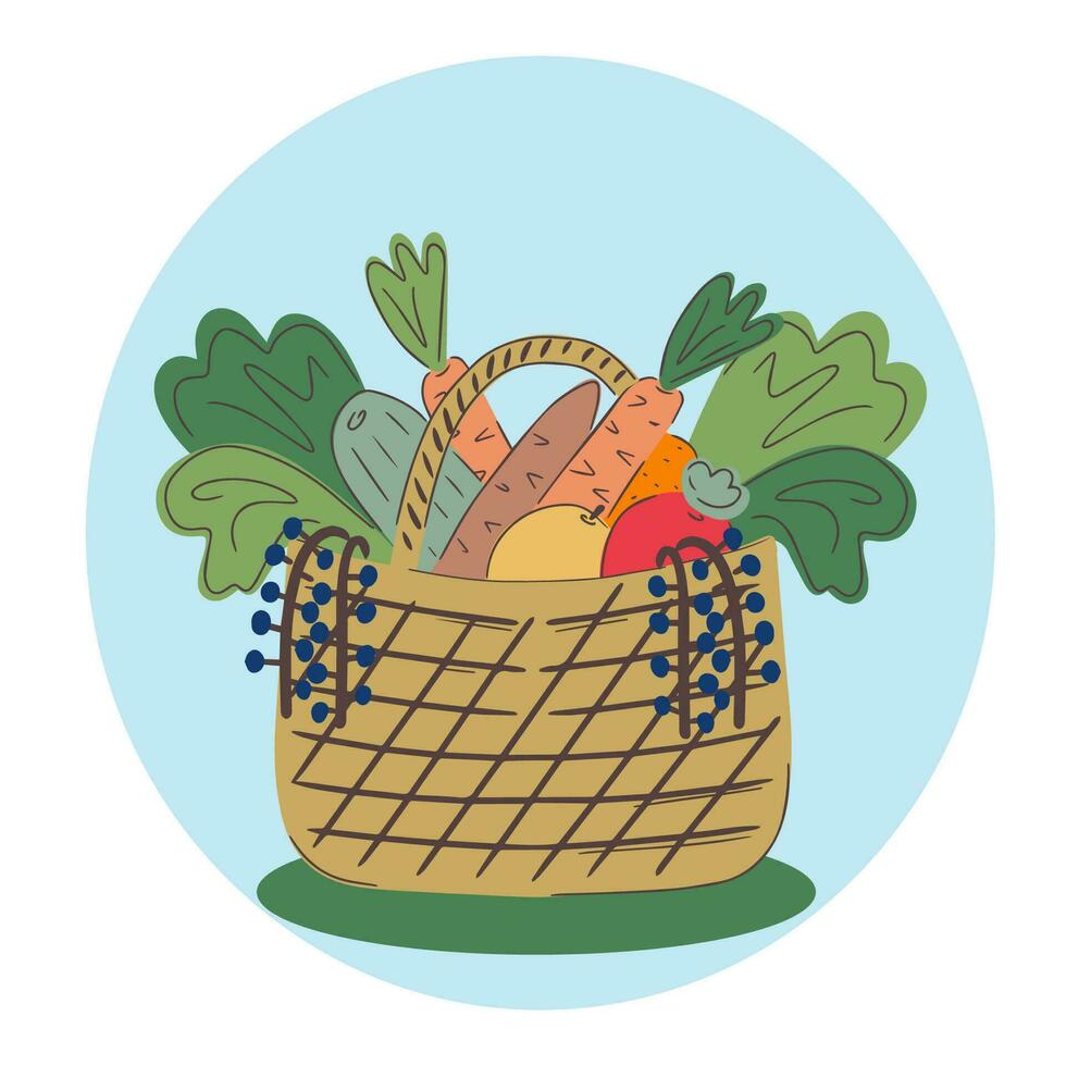 Basket with vegetables and fruits. The concept of harvesting or Vegetarianism. Flat illustration. Isolated Background. Vector