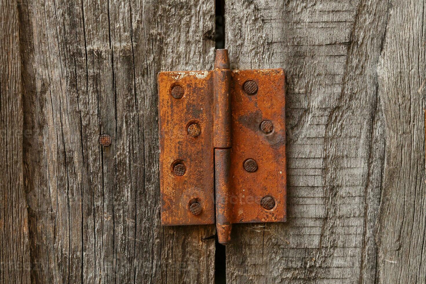 Old rusty hinge on a wooden door. Old rustic background photo