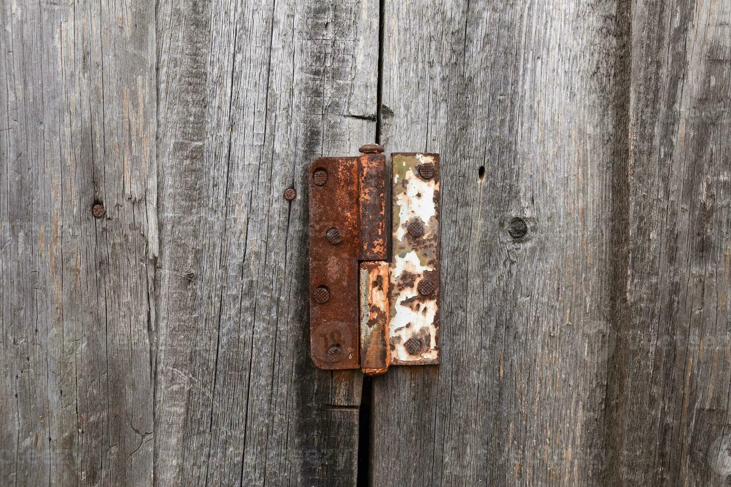 Old rusty hinge on a wooden door. Old rustic background photo