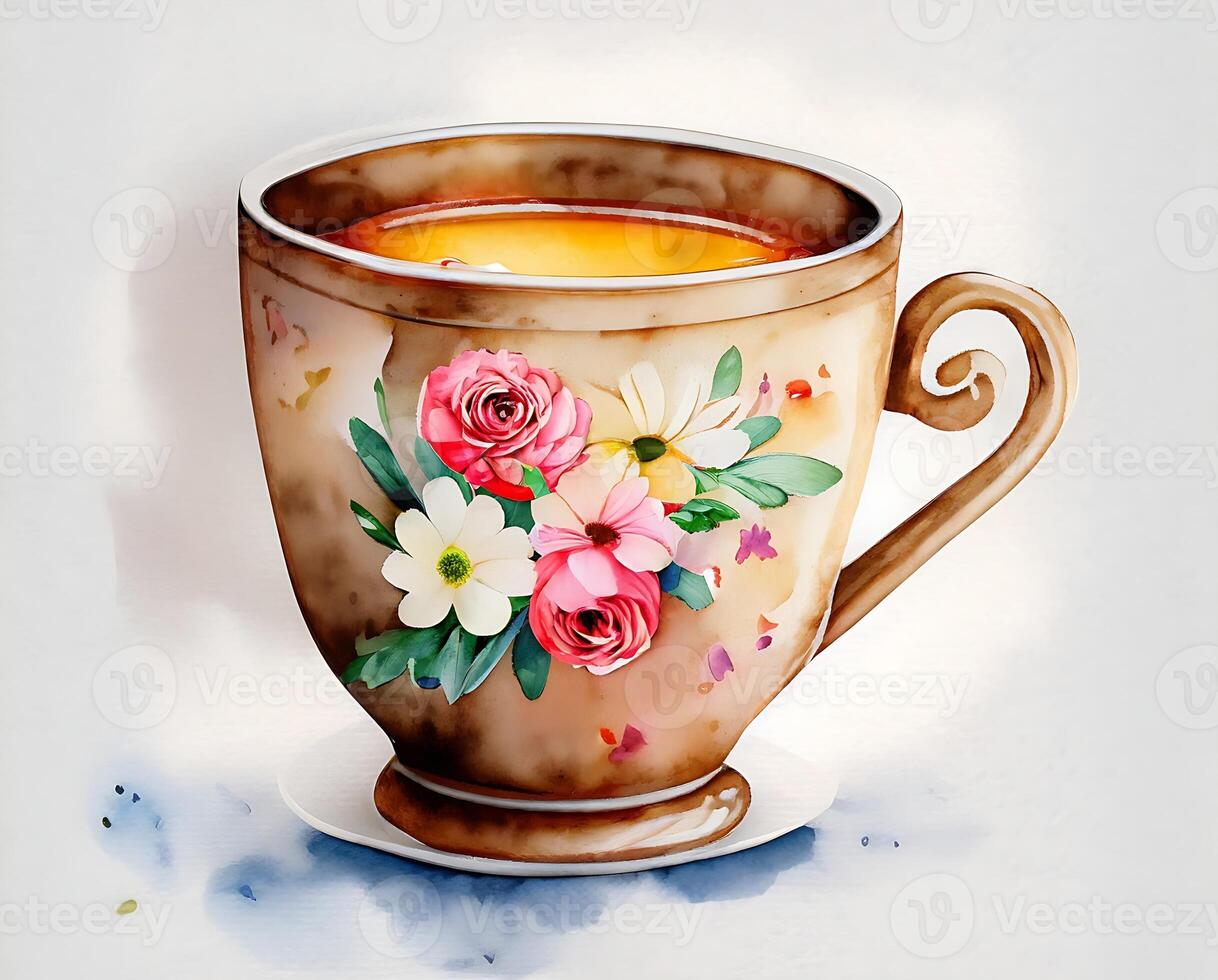 Cute Watercolor painted tee cup. photo