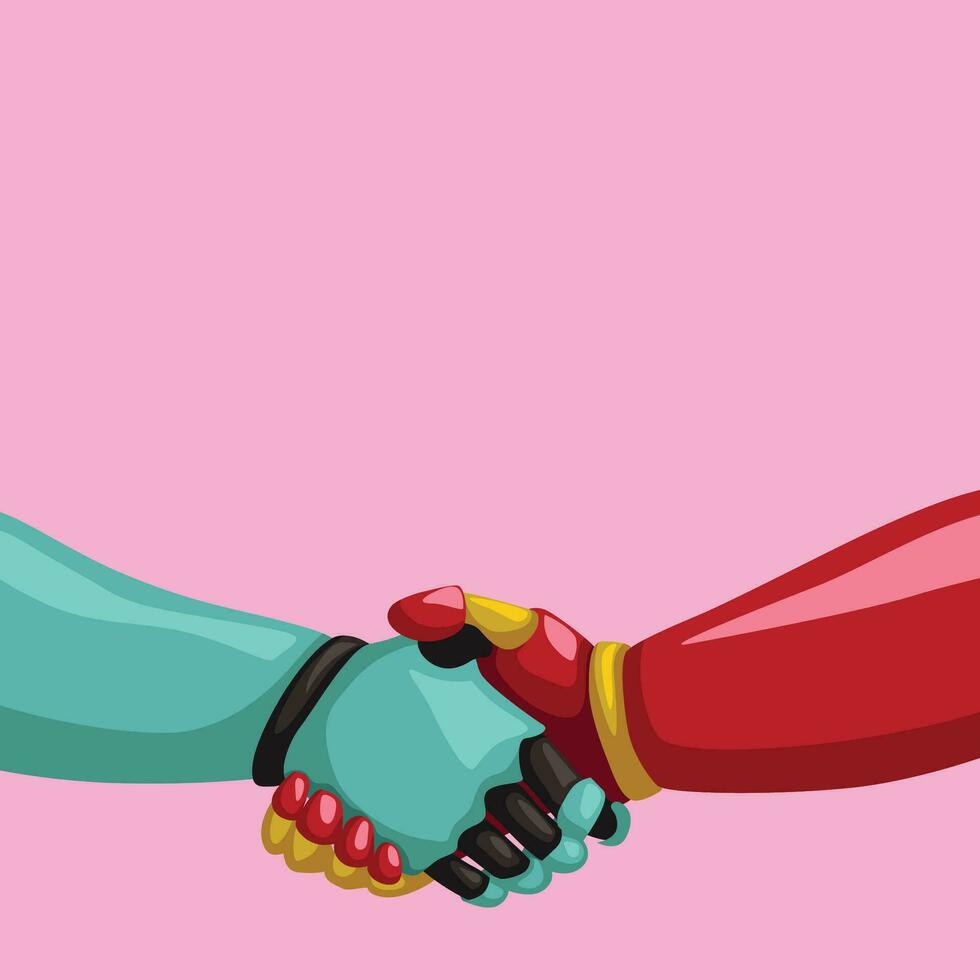 cyborgs handshaking on pink background vector