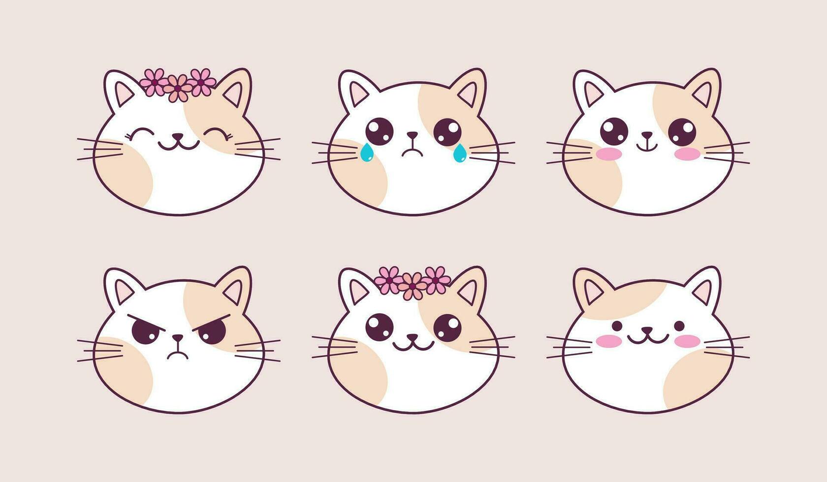 Set of hand drawn cute cat emoticons in cartoon style for kids textile, children room, baby shower, nursery decoration. vector