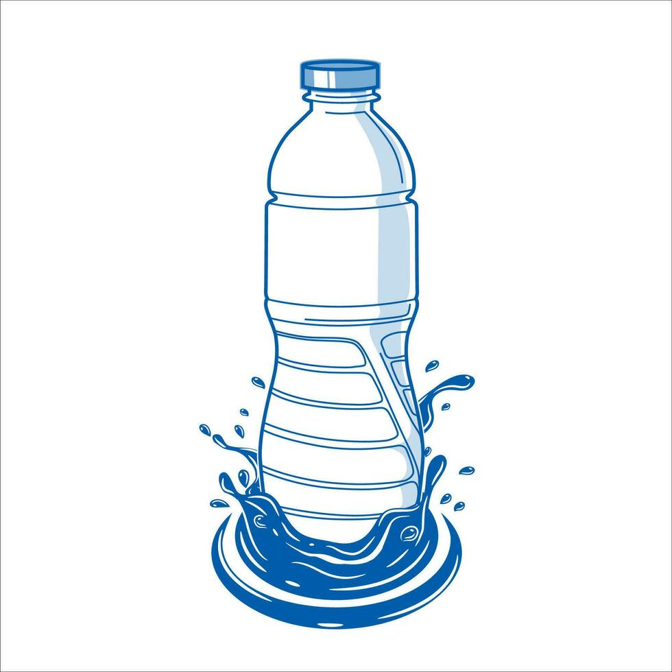 Illustration of a plastic drinking water bottle with splashes of water, for a mineral water carton box design element. Isolated vector design. Pro vector