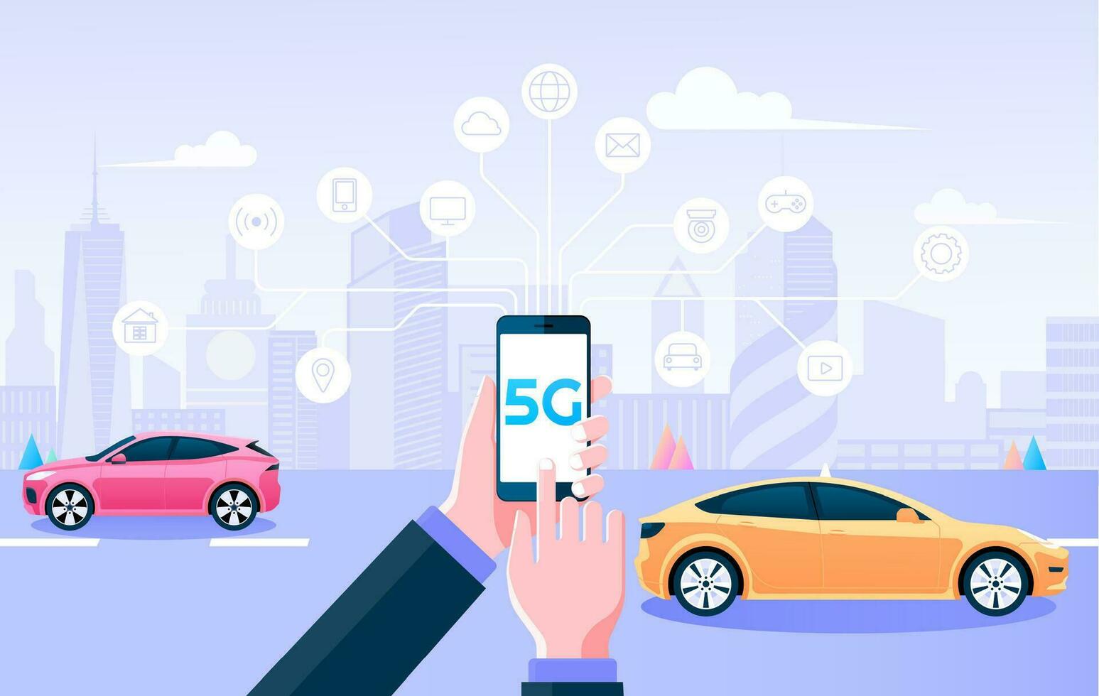 5G wireless network for web page, banner. Holding mobile control things by 5g internet connection and smart city background. Vector illustration.