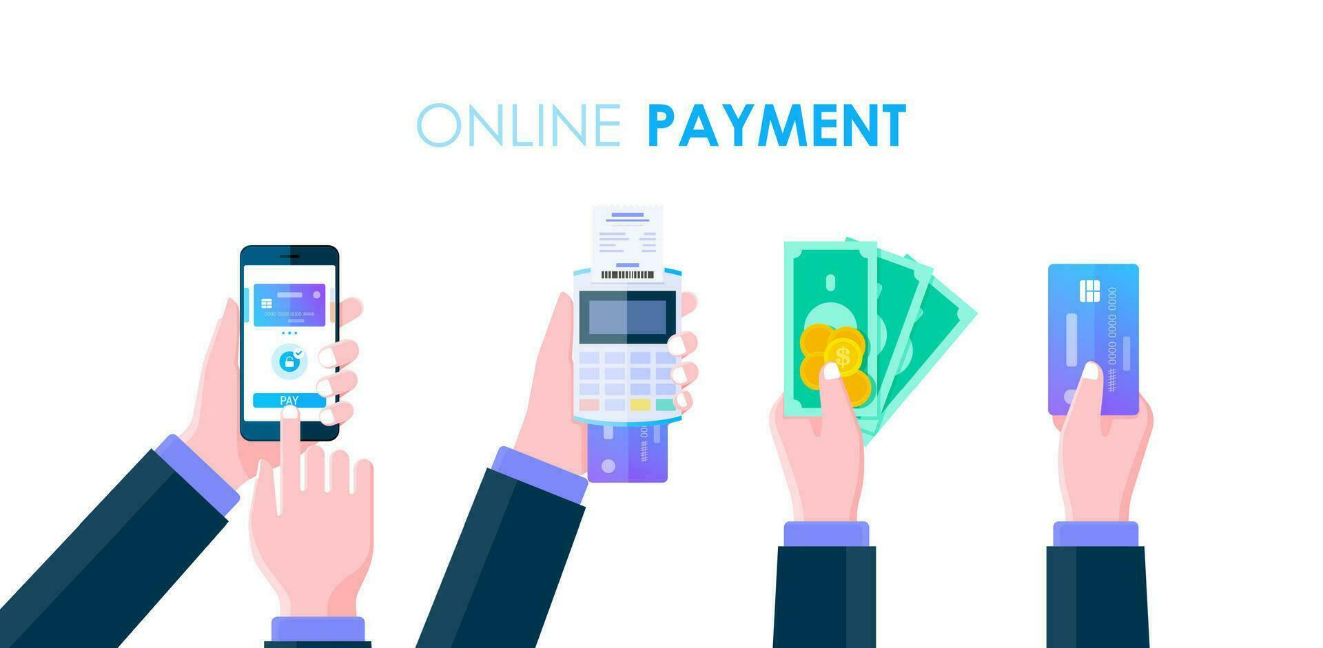 Businessman hand holding cash, smartphone, money and credit card for online payment concept,  Cashless society, Online Mobile Banking and Internet banking flat design. vector