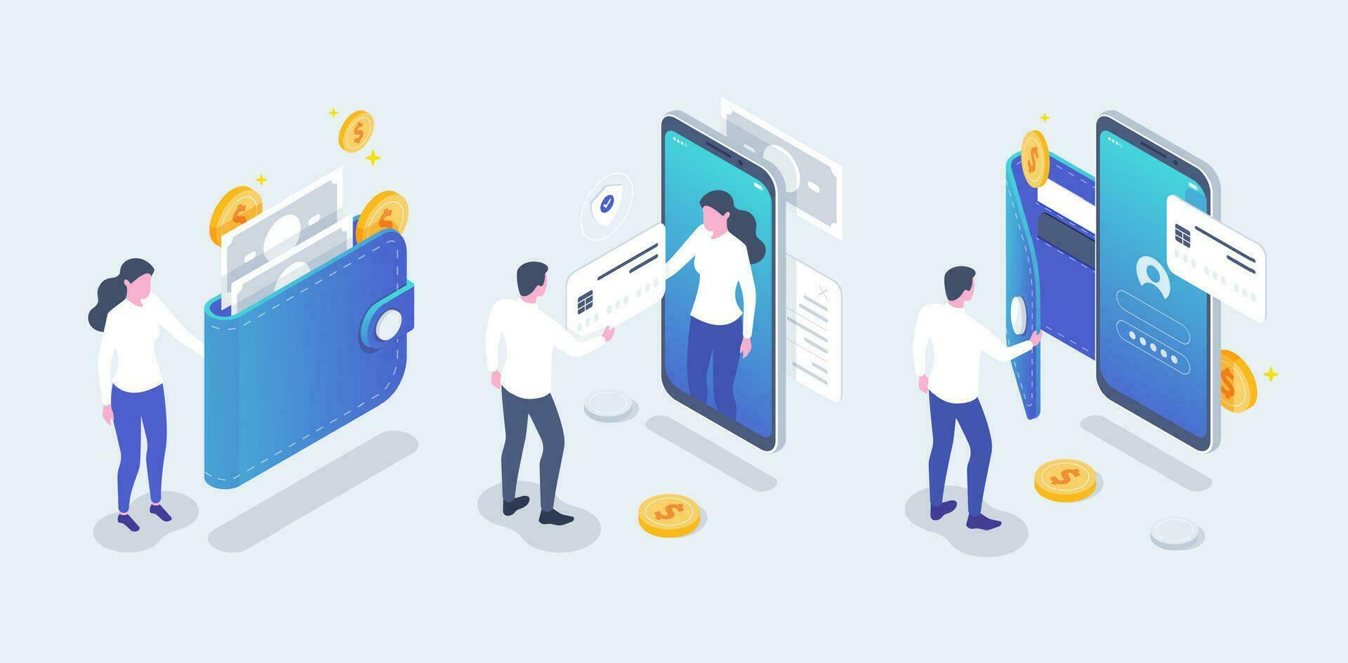 Online payment and online mobile banking concept. Isometric Contactless payment vector