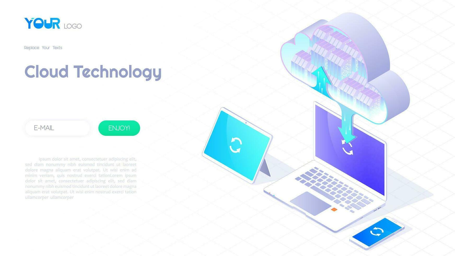 Cloud computing service concept, cloud data storage 3d isometric and cloud technology icon banner for web template vector