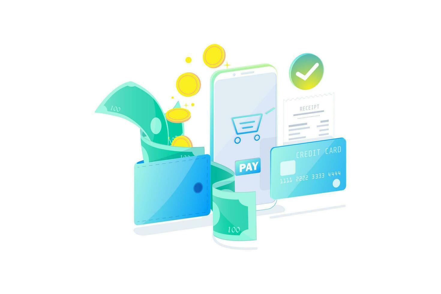 Online payment technology concept, Cashless society, safety payment. bills, coins and credit card pay online with smartphone flat design, vector illustration.