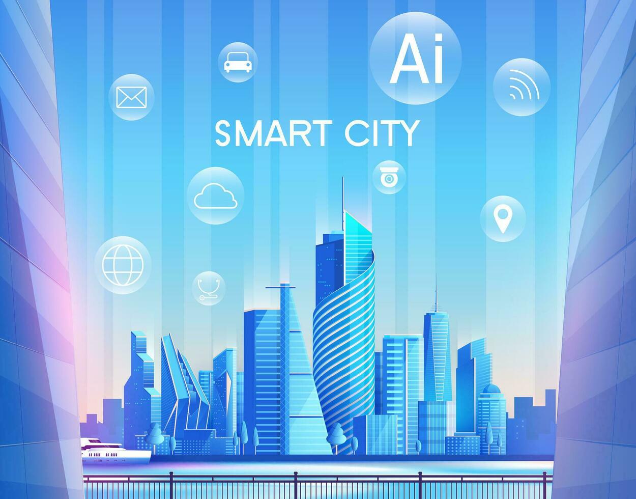 Urban landscape with ions, smart city flat design, social media communication Internet network connection city. Vector illustration