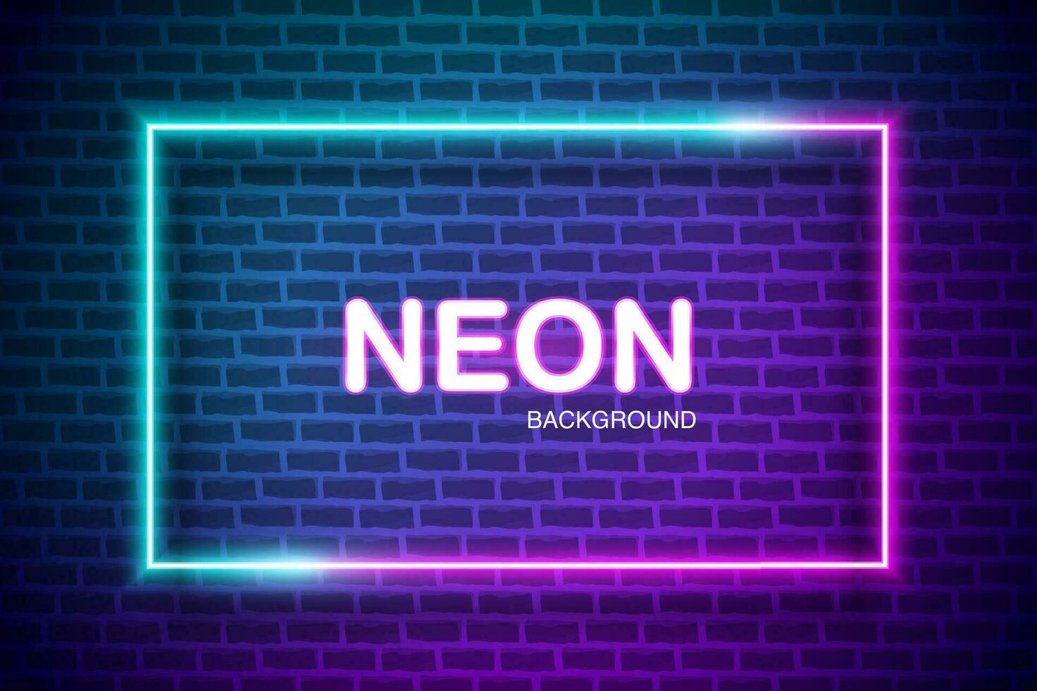 Futuristic abstract blue and pink neon light rectangle frame on brick wall background. Neon background with copy space for advertising, banner and poster. vector illustration